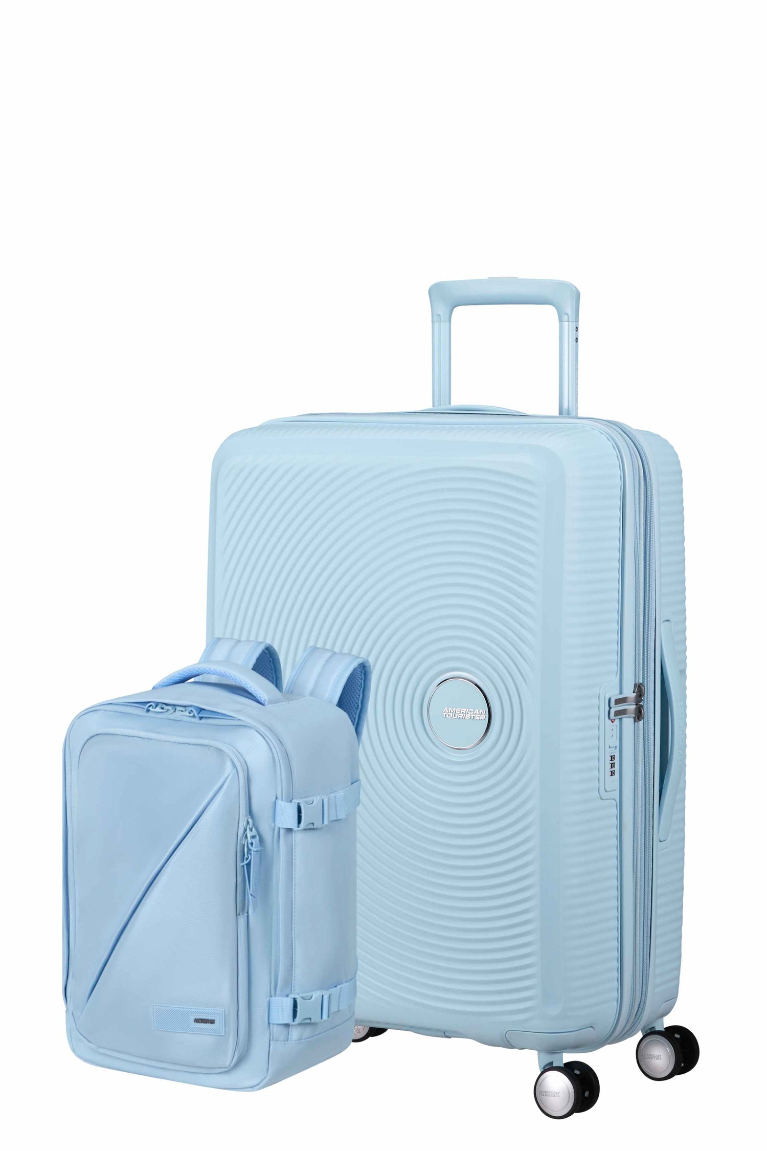 Pack Mittlerer Koffer SoundBox + Rucksack Take2cabin von American Tourister - Pastellblau