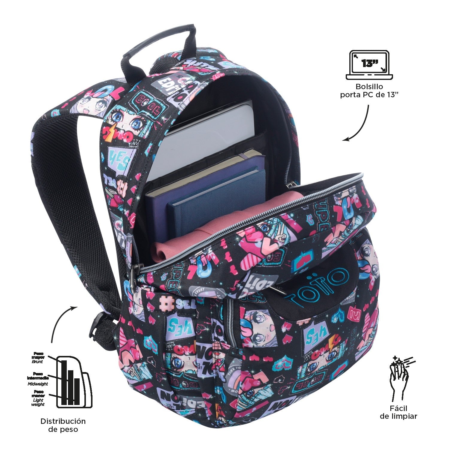 TOTTO Black school backpack Misato - Gommas -6CZ