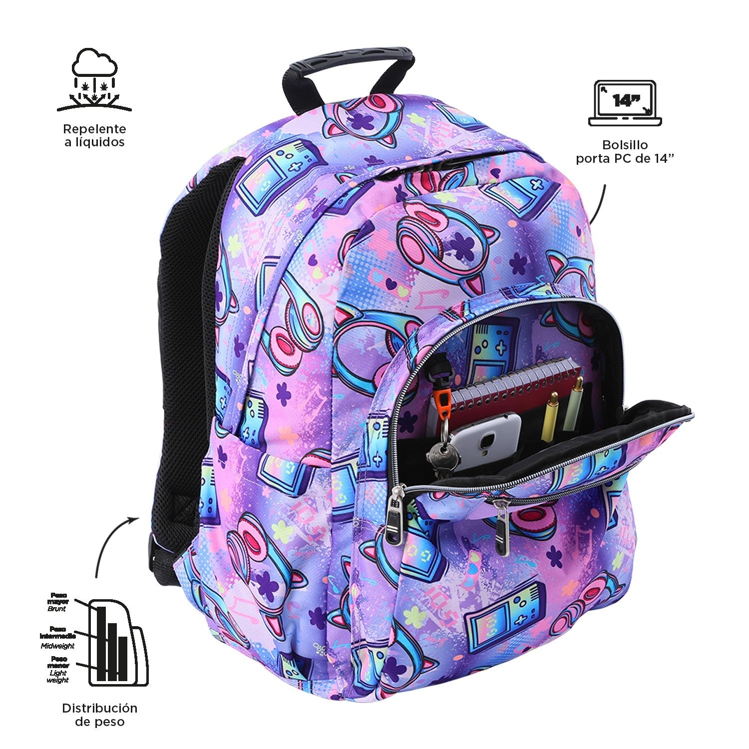 TOTTO Schul -Rucksack anpassbar an das Auto Meowsica 4QH - Acuareles