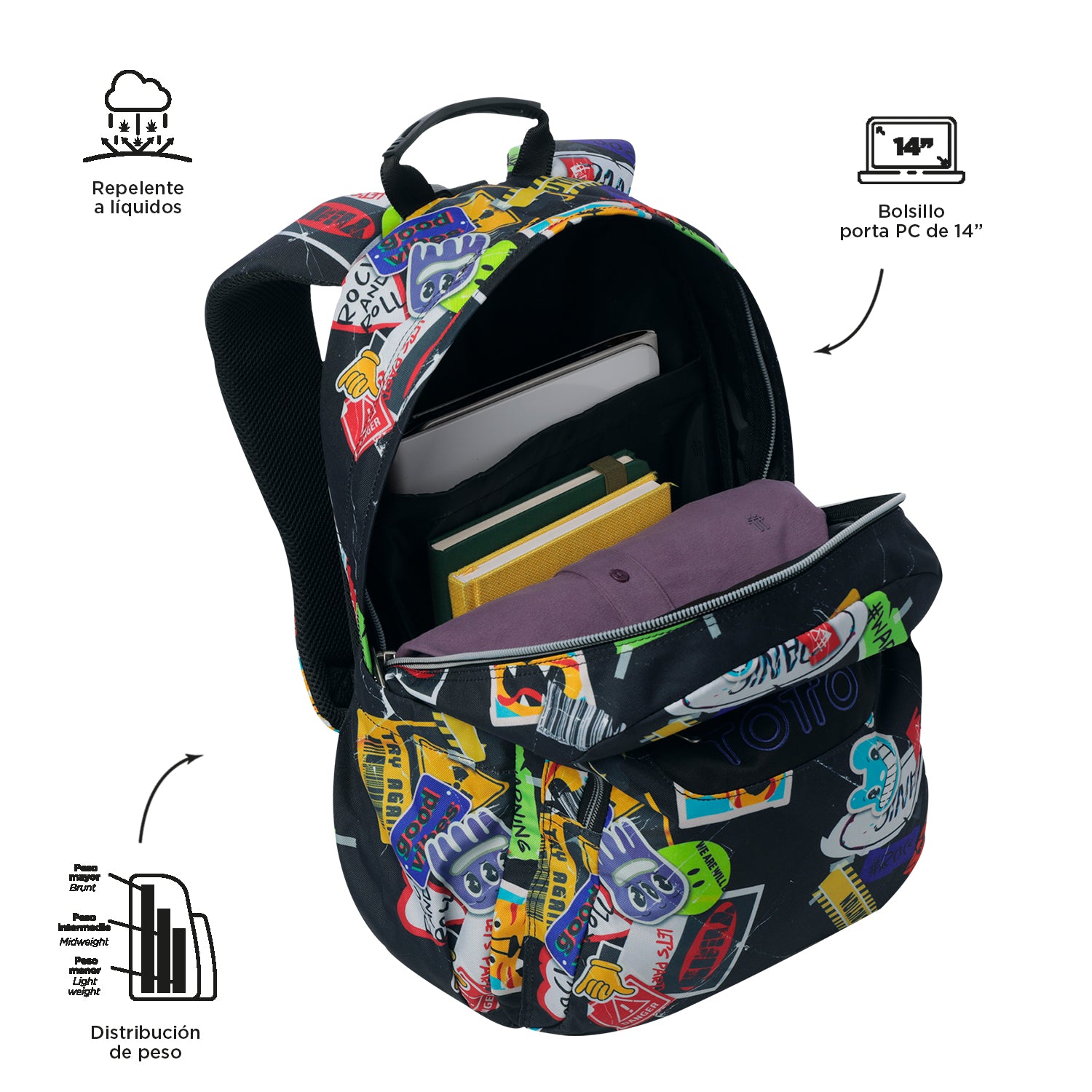 TOTTO Mochila escolar adaptable a carro Sticky 8C5- Acuareles