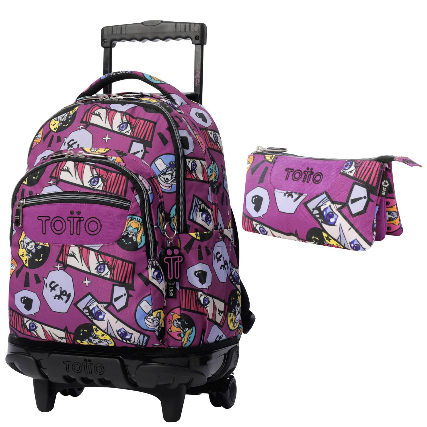 TOTTO Mochila escolar con ruedas Renglones + Estuche Tablero - 1KC
